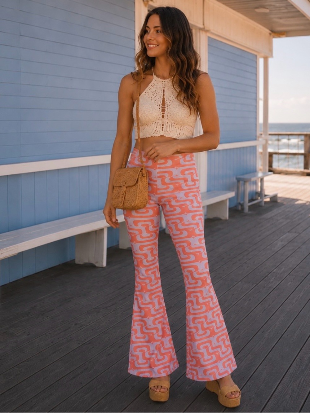 NWT High Waisted Bell Bottom Flare Pants Geometric Lilac Orange Print Size 2
